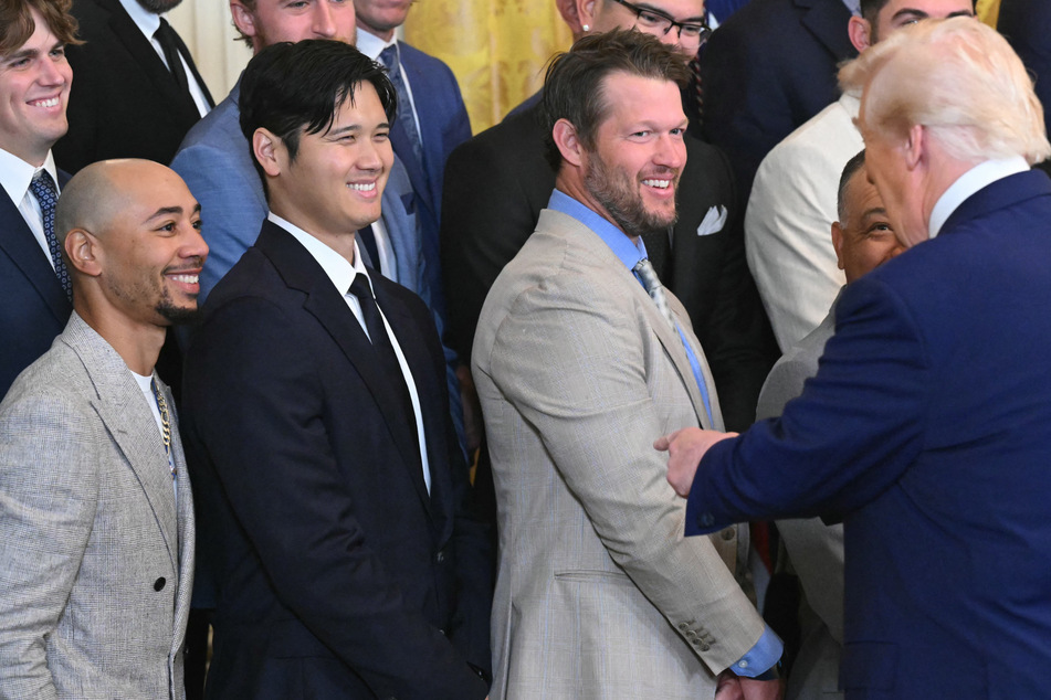 Mookie Betts (l.) and Shohei Ohtani (second from l.) both received shout-outs during the White House reception.