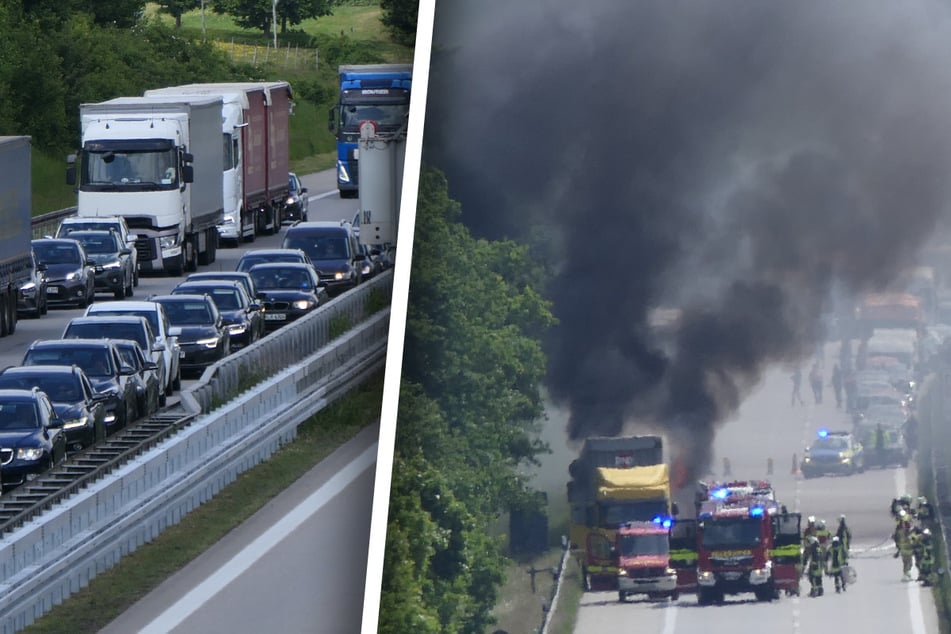 Unfall A14: Dicke Rauchwolke über der A14: Sattelzug gerät in Brand, Autobahn voll gesperrt!